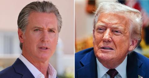 Split photo of Gavin Newsom, Donald Trump