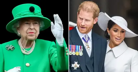Composite photo of Prince Harry, Meghan Markle and Queen Elizabeth