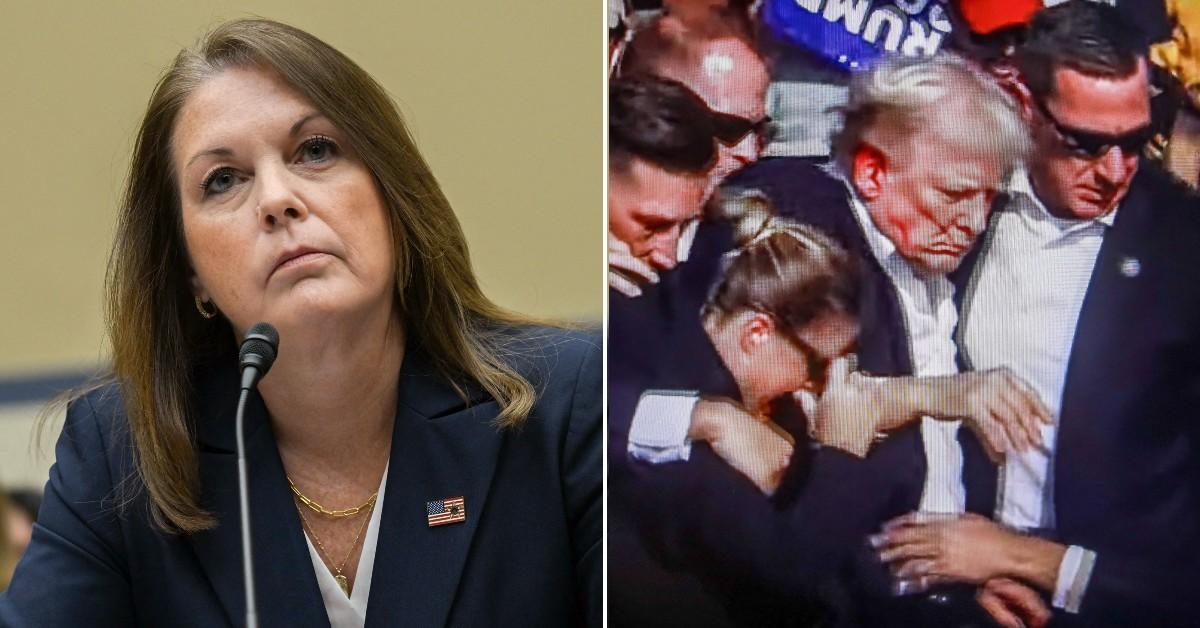 Composite photo of Secret Service director Kimberly Cheatle and ex-president Donald Trump at a Pennsylvania rally.