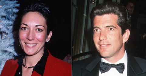 Split photo of Ghislaine Maxwell, John F. Kennedy Jr.