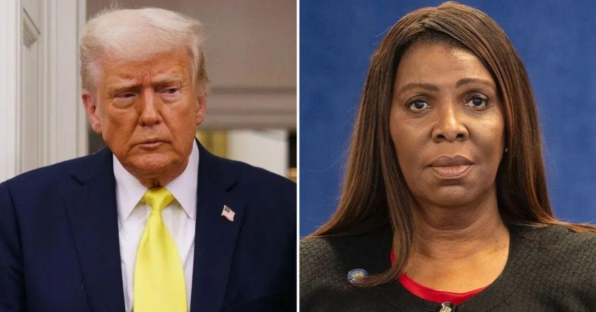 split photo of donald trump and letitia james.