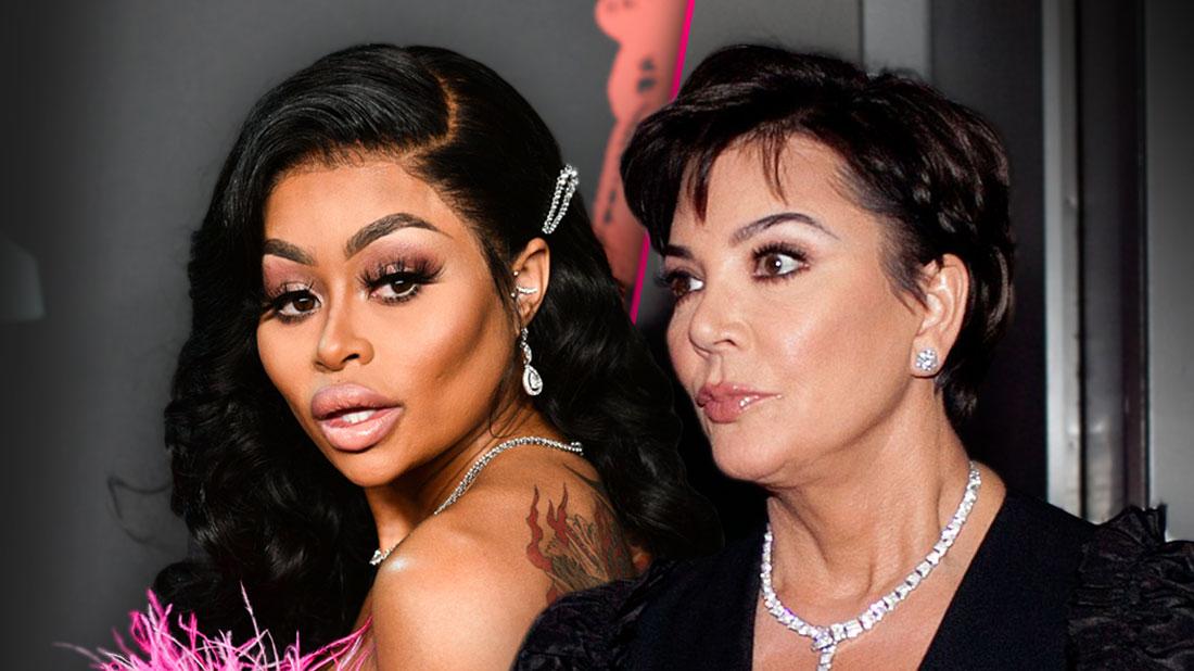 Blac Chyna Looking Over Her Left Shoulder Wearing Pink Feather Dress Split With Angry Kris Jenner Looking Left Wearing BlackSuit With Diamond Necklace