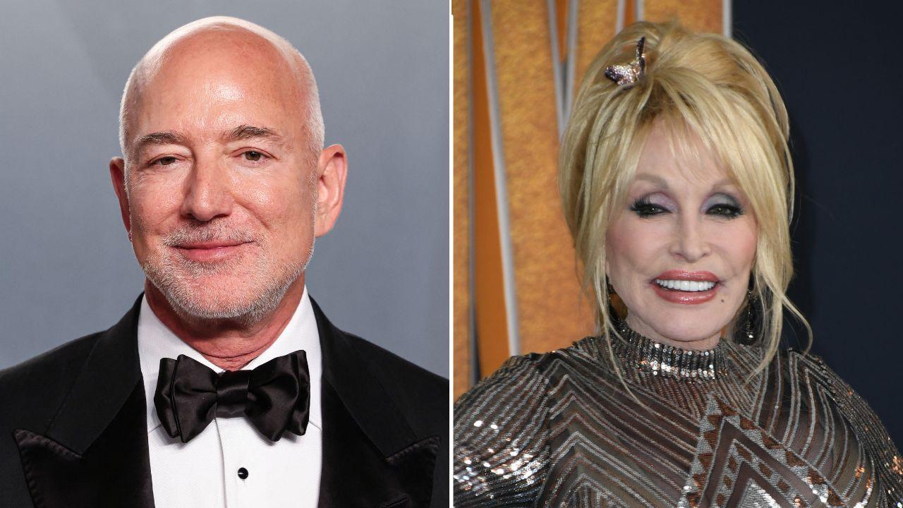 A photo of Jeff Bezos alongside a photo of Dolly Parton