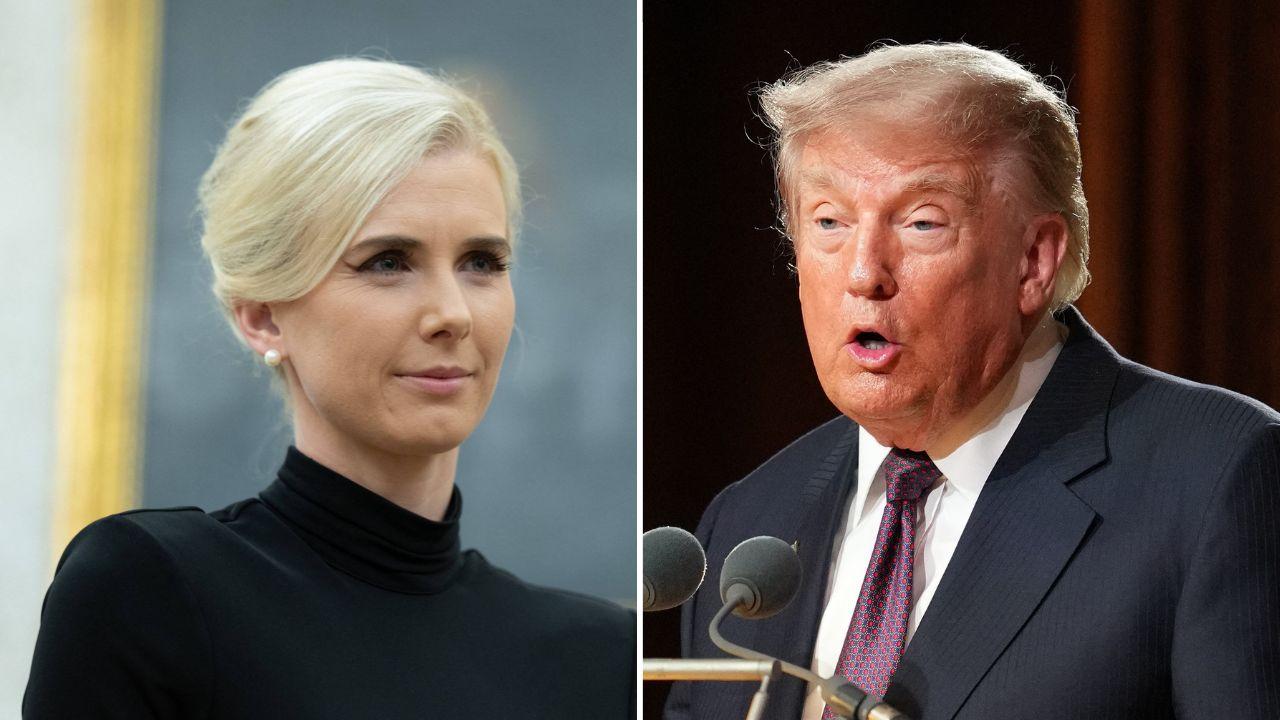 A photo of Natalie Harp alongside a photo of Donald Trump