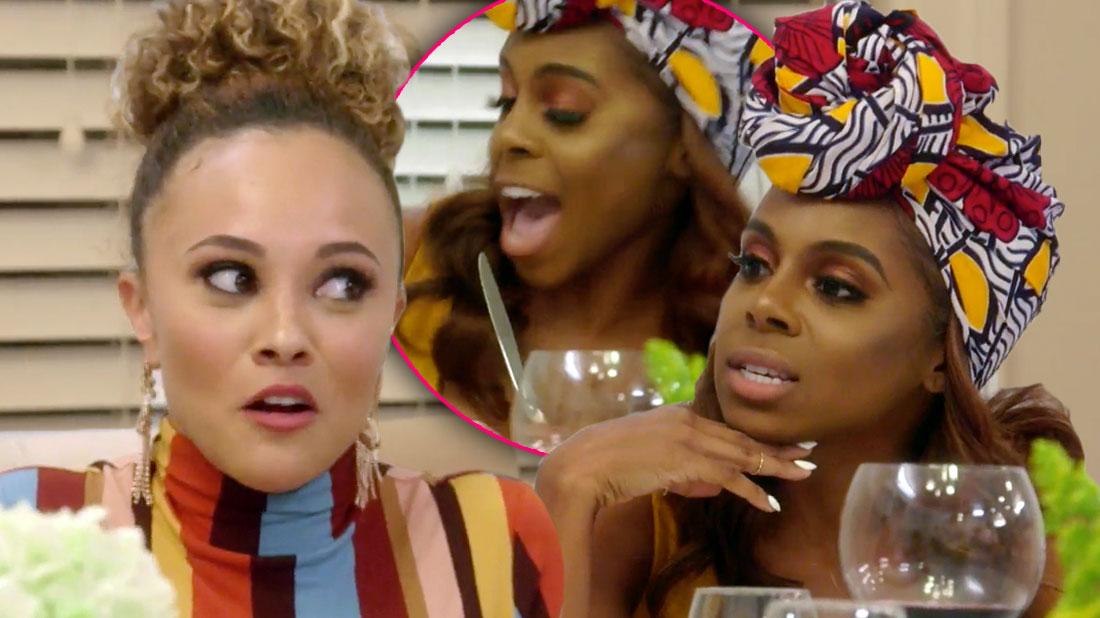 Inset of RHOP’s Candice Dillard Threatens Ashley Darby Wearing Striped Dress With Knife In Feud